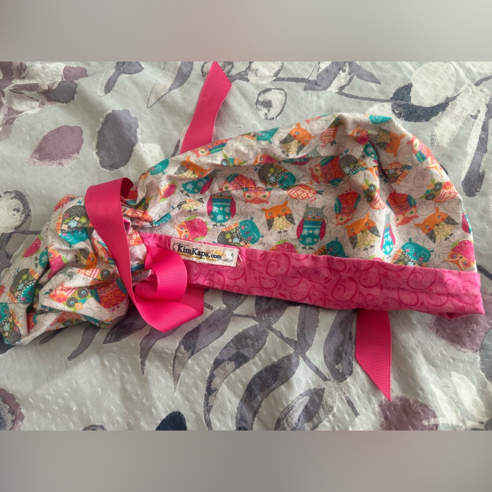 Pink Owl Print Ponytail scrub cap